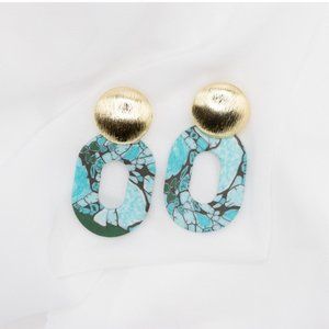 Blue + Gold Oval Earrings, Lightweight Earrings, Handmade Polymer Clay Earrings